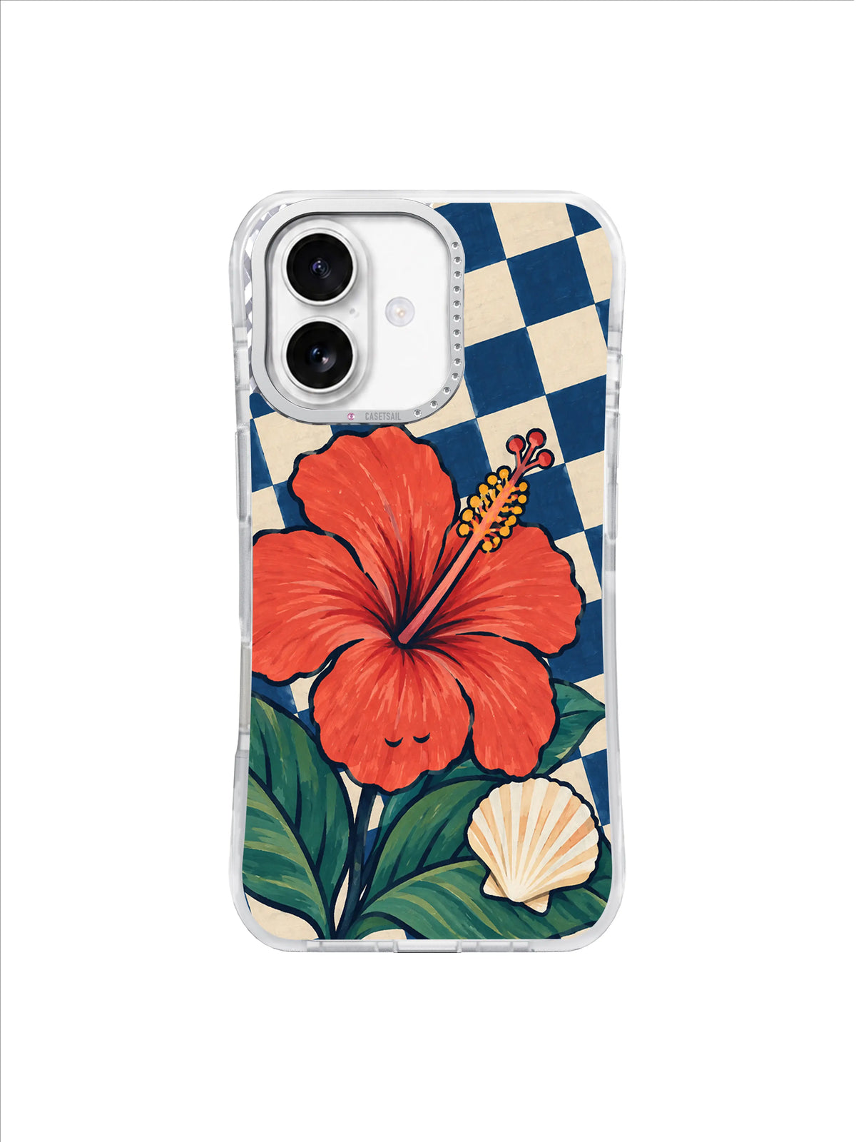 Ocean Check Flower coral hibiscus and shell over rotated blue checkerboard iPhone 17 case