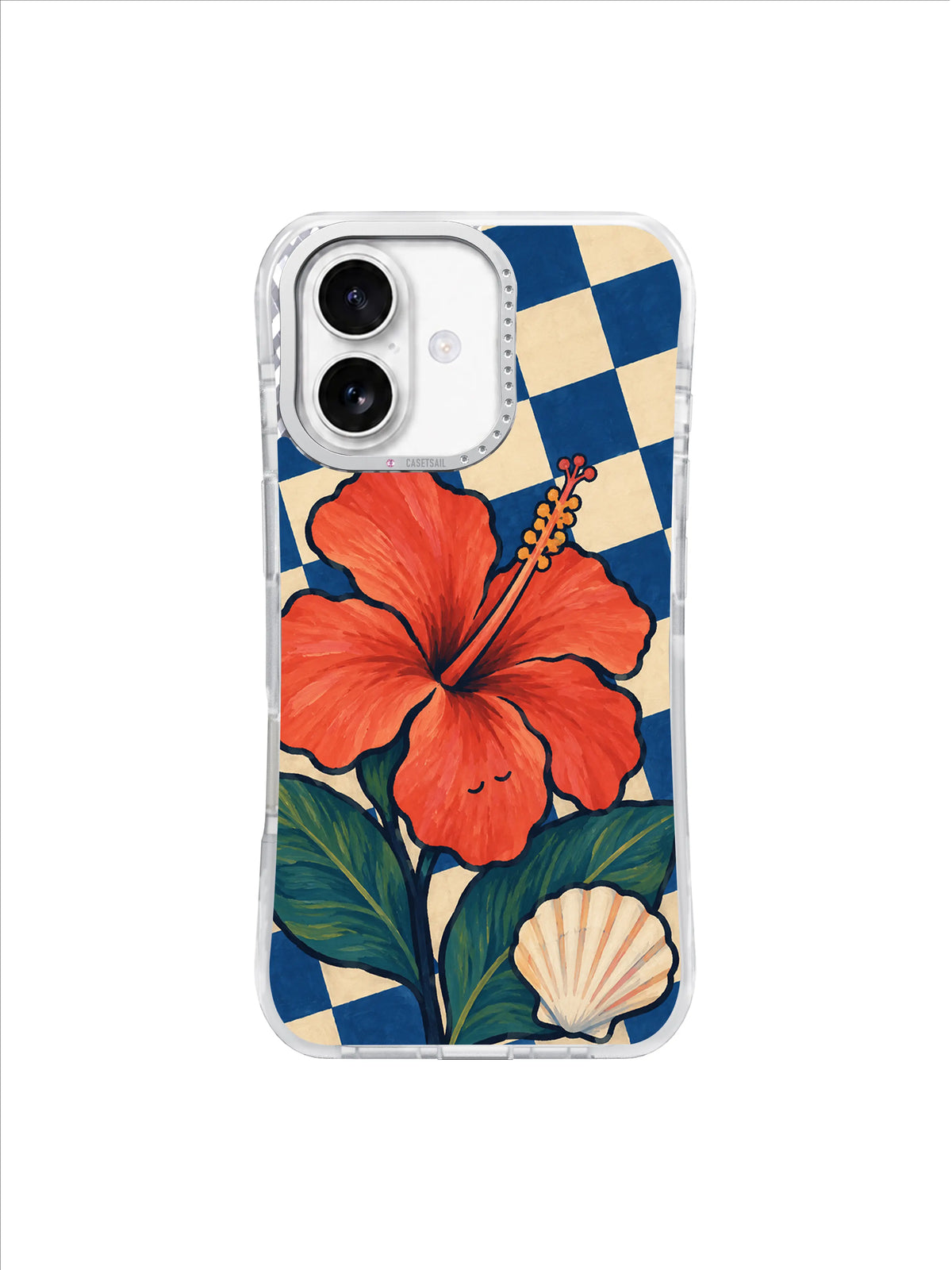 Warm Shore Bloom coral hibiscus with scallop shell on navy and cream checks iPhone 17 case