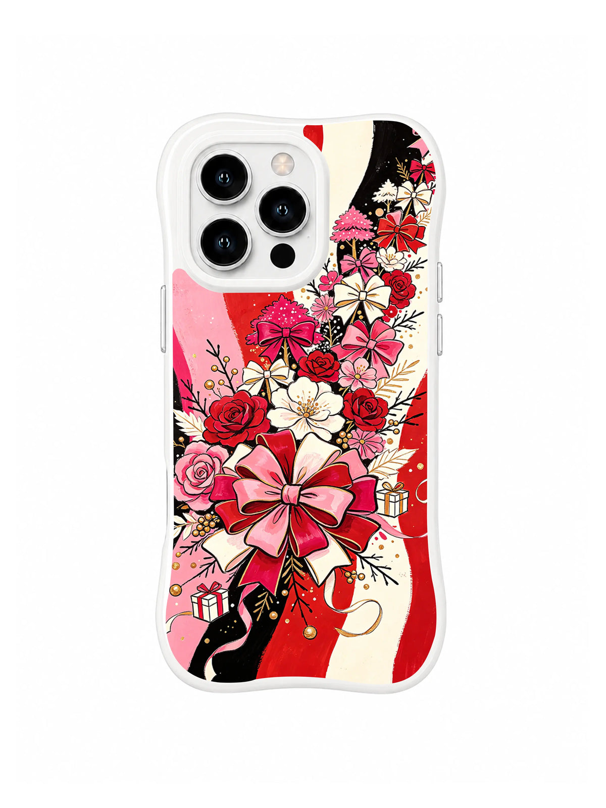 Holiday Bow Bouquet pattern on a white iPhone 14 Pro case with pink ribbon flowers, red rose-like blooms, a large bow and graphic black, red and ivory bands