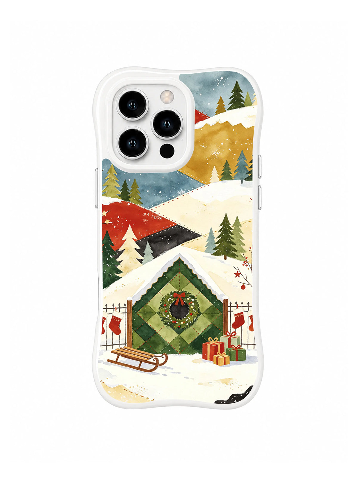 Mustard ridge, quilt house and holiday gifts on a white iPhone 16 Pro case