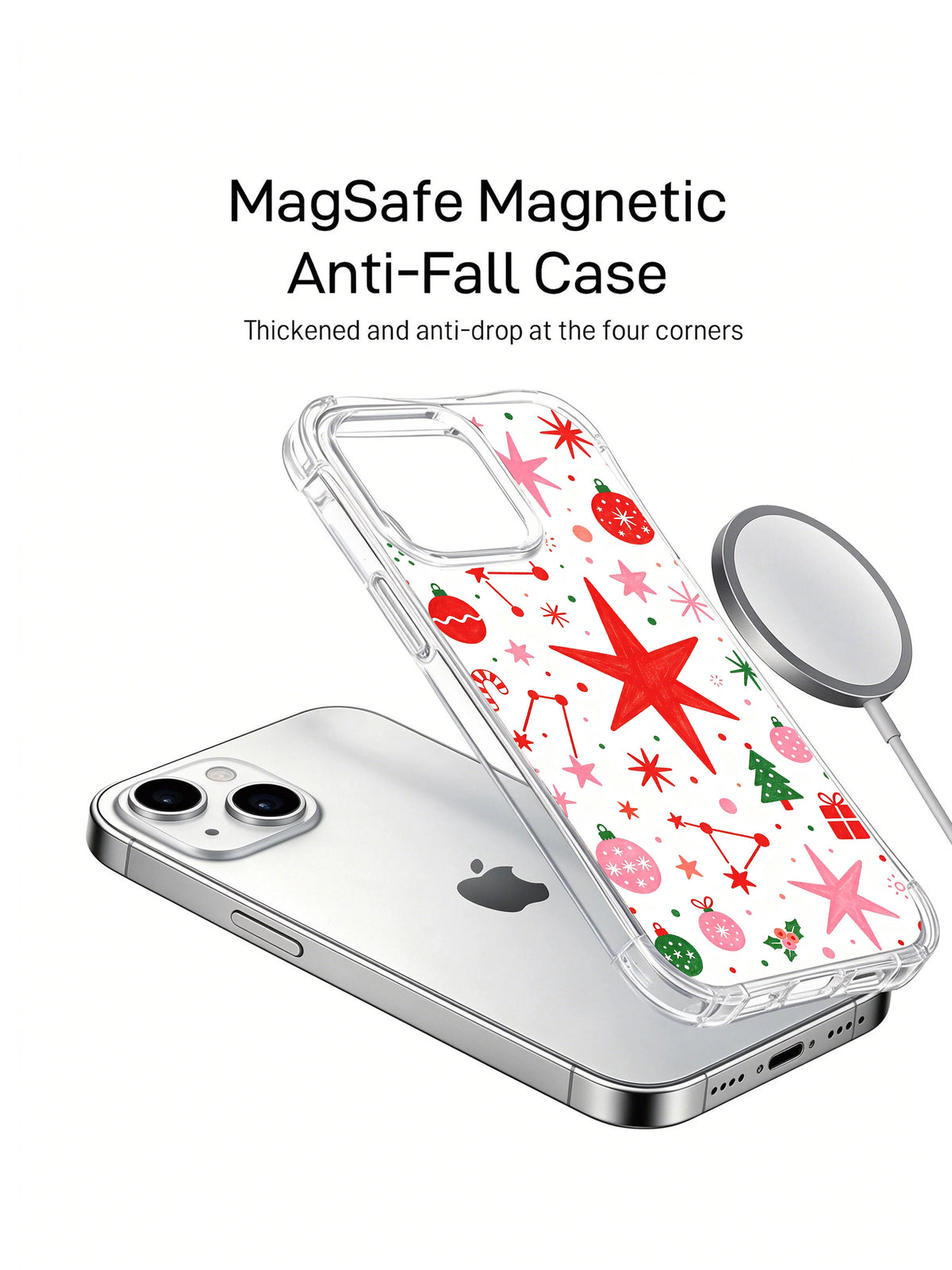 Holiday Star Sparkle: Ürün görselinde telefon, ayrı desenli kılıf ve yuvarlak aksesuar.