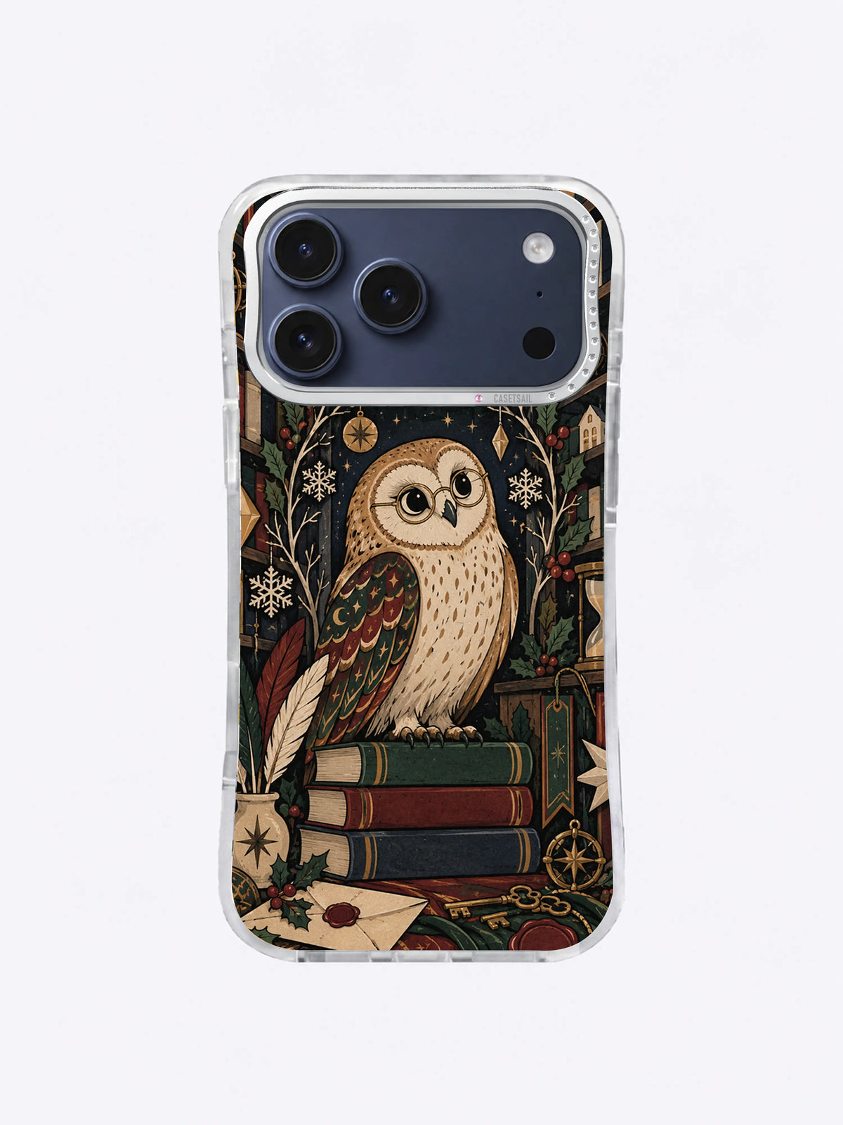 Parchment Star Librarian owl artwork on an iPhone 17 Pro Max case