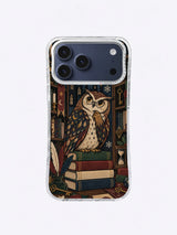 Snowfall Scholar Owl artwork on an iPhone 17 Pro Max case