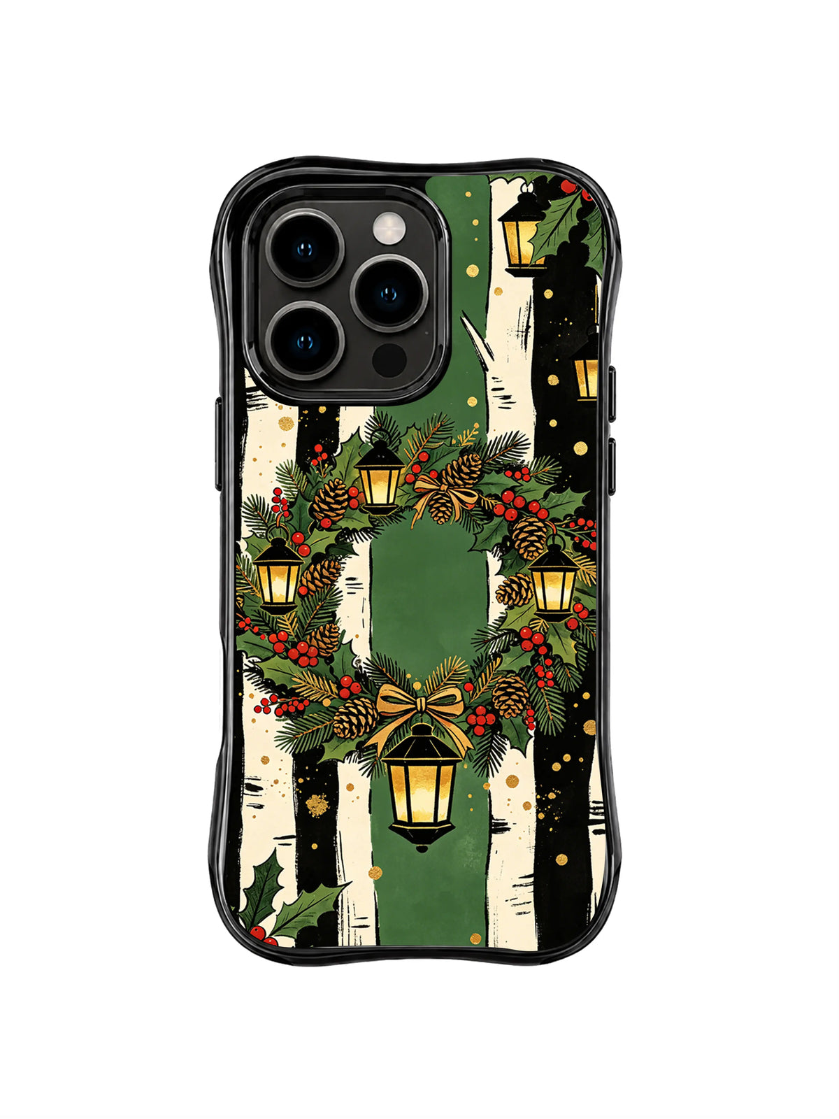 Holly Wreath Lantern pattern on a black iPhone 14 Pro case with an evergreen wreath, red berries, gold bows, small lanterns and ivory birch bands