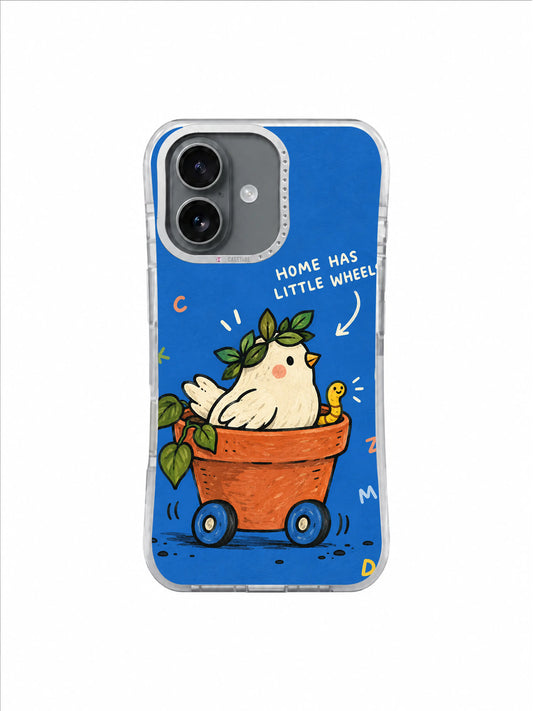 Blue Home Has Little Wheels bird in rolling flowerpot iPhone 16 case