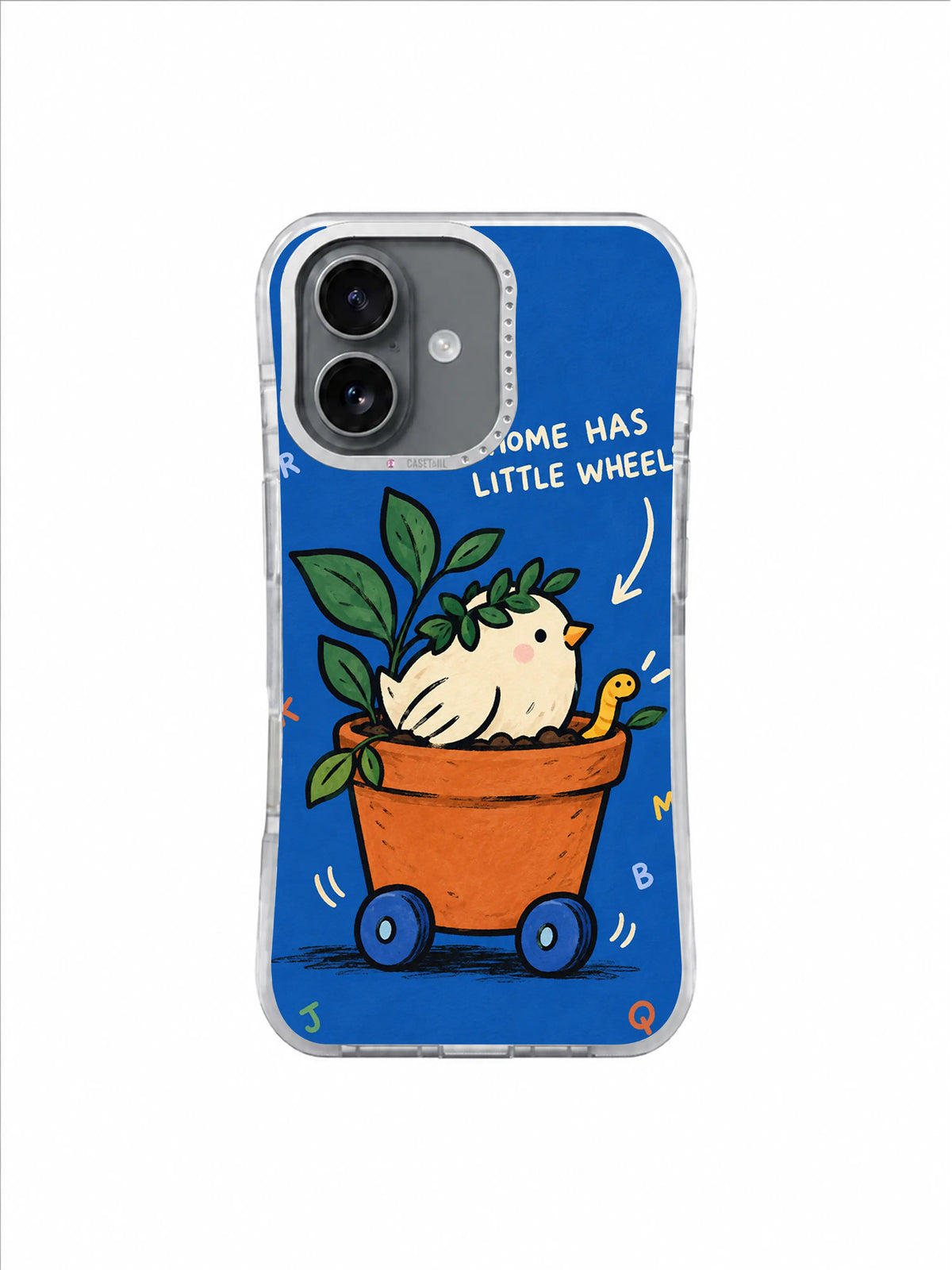 Leaf-crown bird and worm in wheeled flowerpot iPhone 16 case