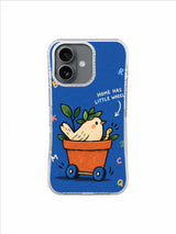 Rolling terracotta flowerpot bird artwork on iPhone 16 case