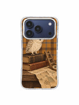 Ivory owlet standing on stacked old books iPhone 17 Pro case pattern one
