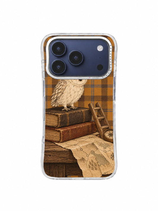 Ivory owlet standing on stacked old books iPhone 17 Pro case pattern one