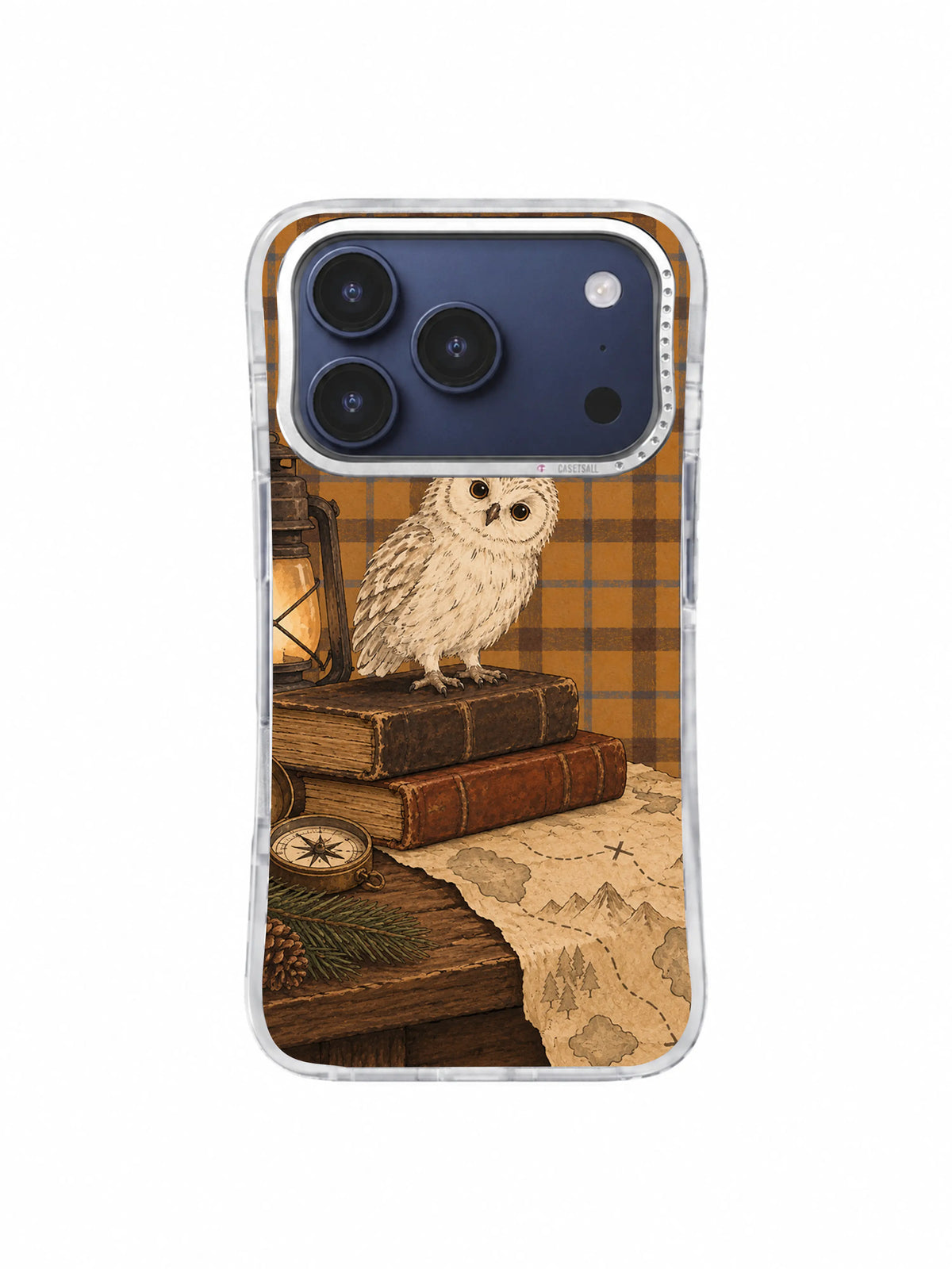 Ivory owlet over ocher plaid and old books iPhone 17 Pro case pattern three