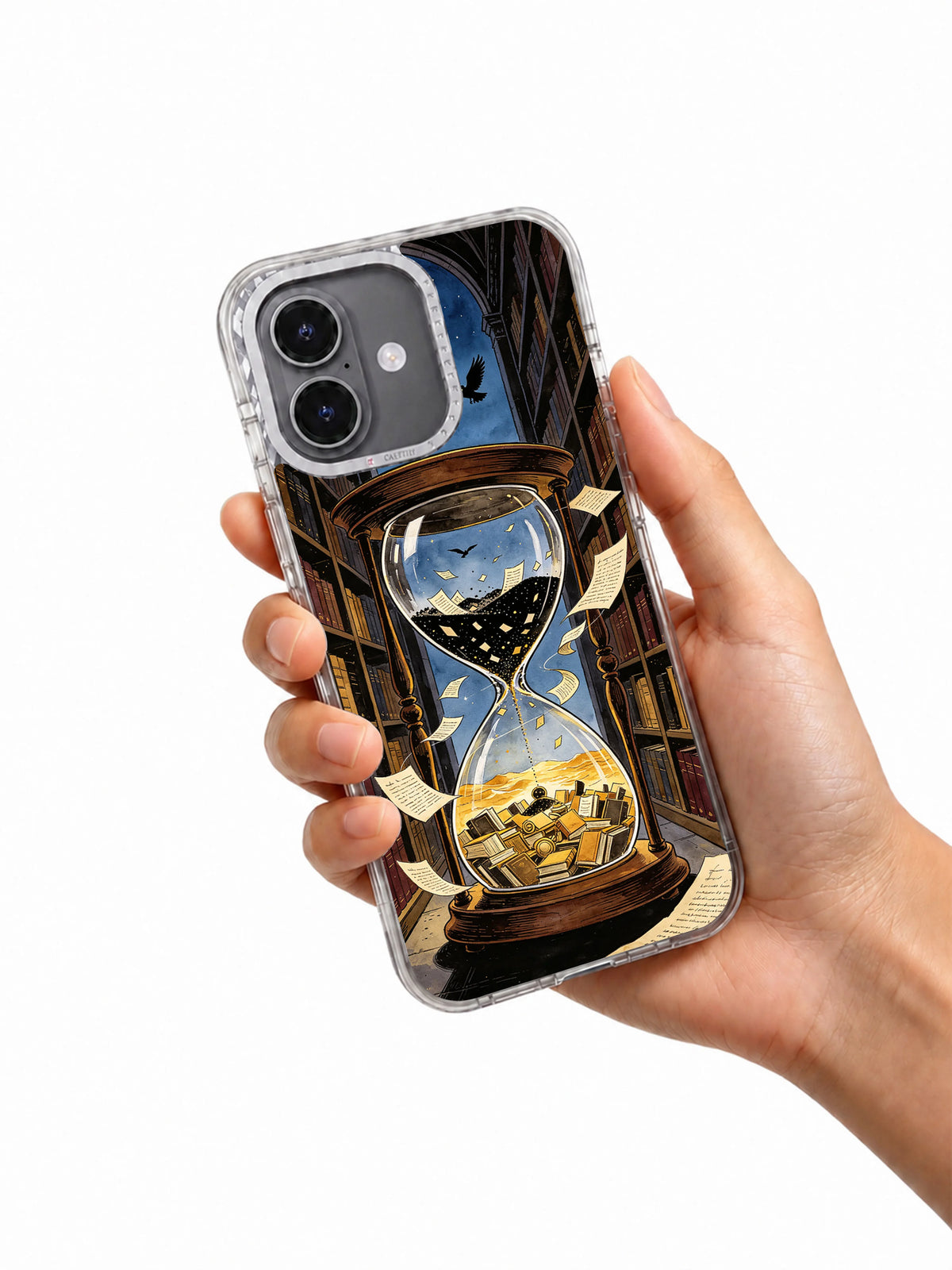 Hourglass Library iPhone 17 Case held in hand