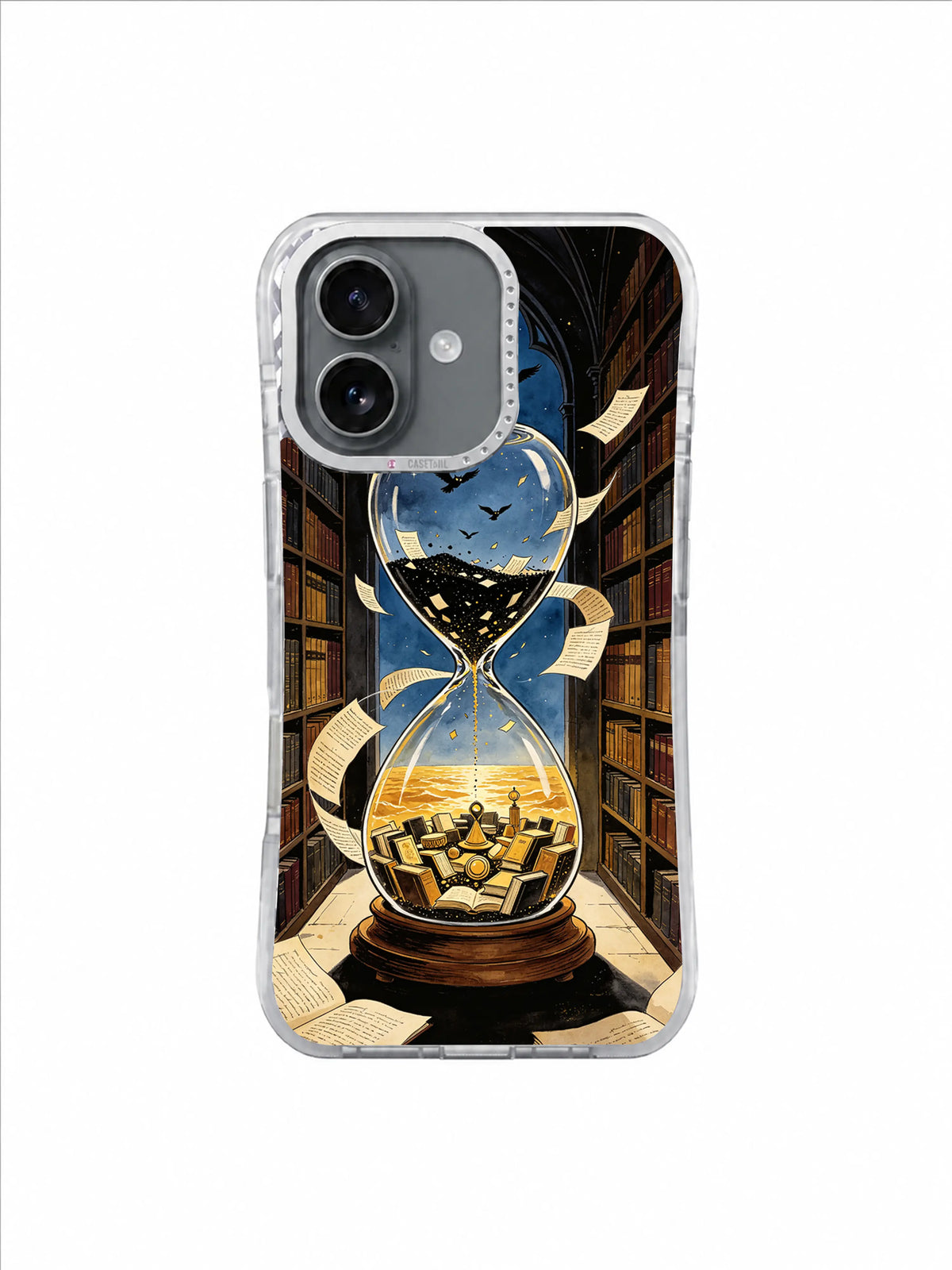 Golden Book Sea Hourglass artwork on Hourglass Library iPhone 17 Case