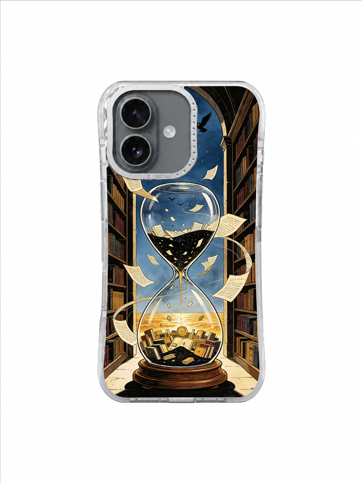 Crimson Aisle Story Spiral artwork on Hourglass Library iPhone 17 Case