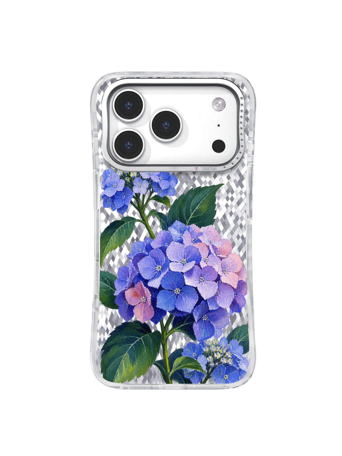 Blue Compass hydrangea artwork on transparent ground for iPhone 17 Pro Case