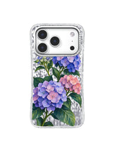 Cobalt Cluster hydrangea artwork with dark green leaves for iPhone 17 Pro Case