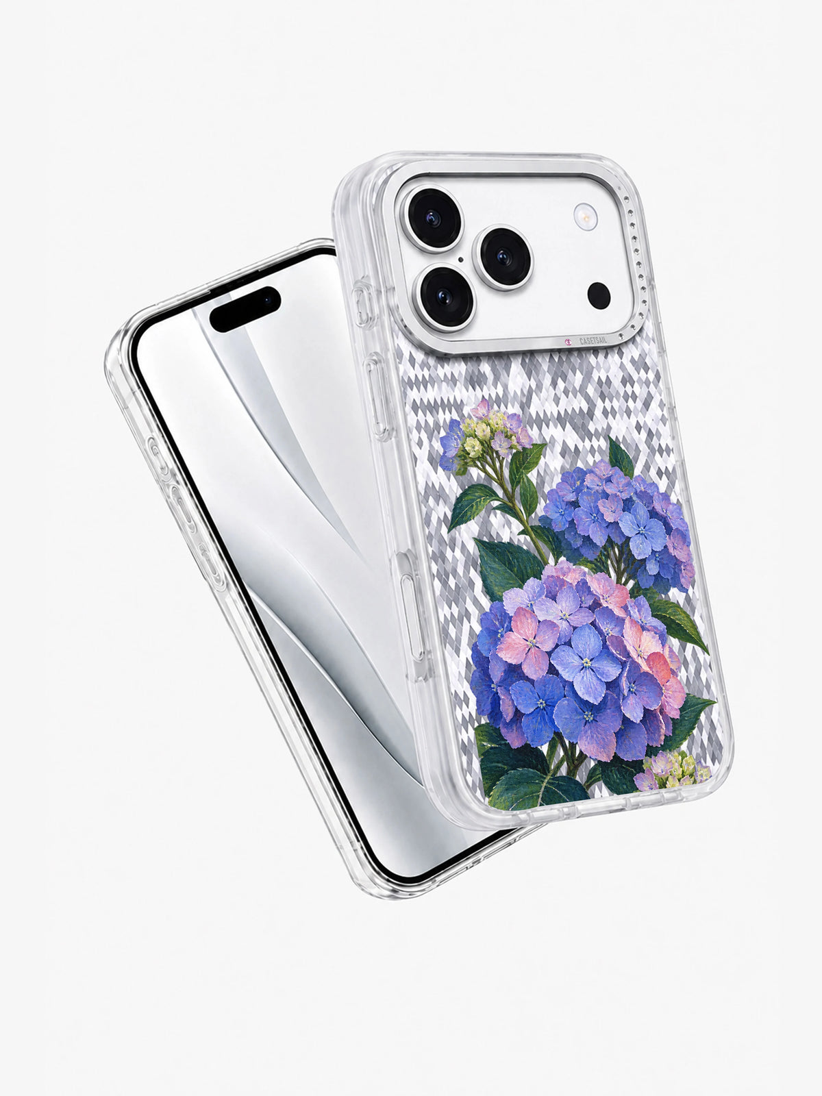 Hydrangea Rain Map transparent iPhone 17 Pro case angle view