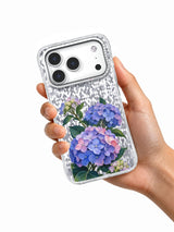 Hydrangea Rain Map transparent iPhone 17 Pro case held in hand