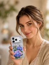 Hydrangea Rain Map transparent iPhone 17 Pro case lifestyle view