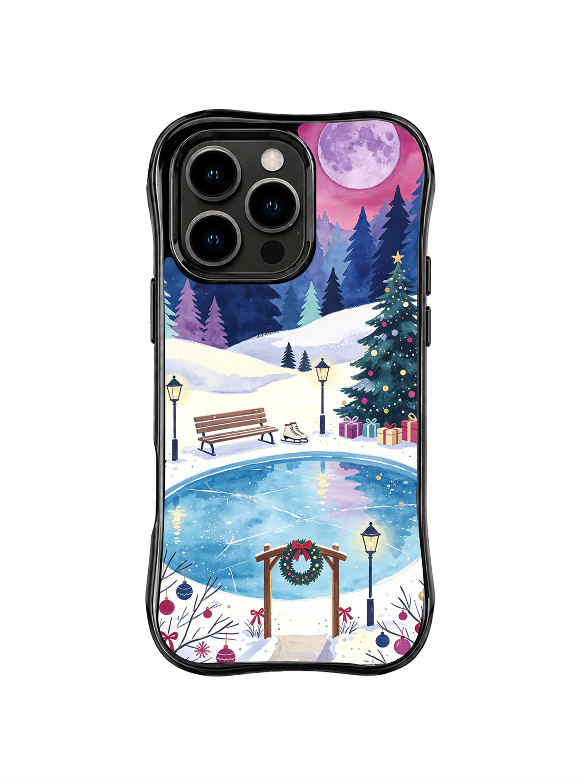 Ice Pond Evening artwork with a snowy bench, gifts and cobalt pine trees