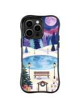 Ice Pond Evening illustration with lavender moon, bench and raspberry winter accents