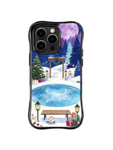 Ice Pond Evening case art with a wreath arch, resting skates and frozen pond