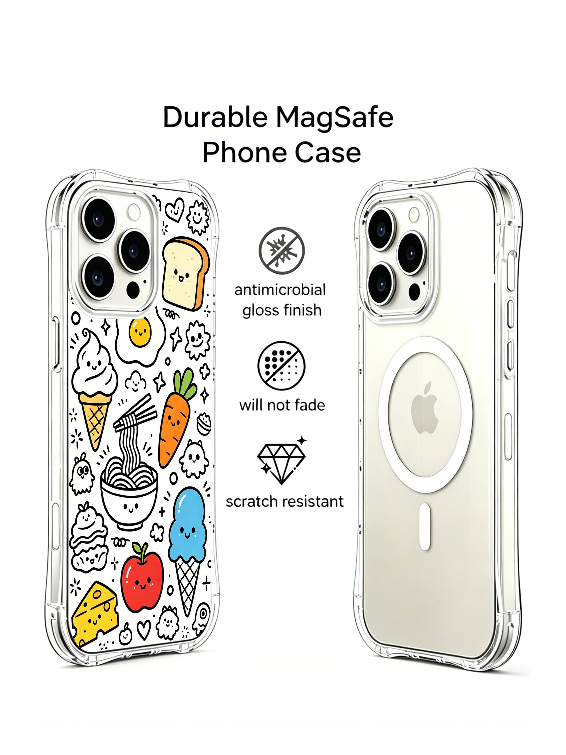 Whimsical ice cream & carrot creature cluster iPhone 15 pro Case by Nico Scribble, fade-proof personalized phone casing from PhoneCasing, lightweight illustrated phone cover.