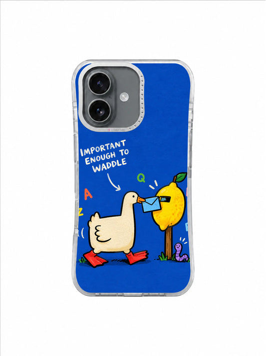 Important Enough to Waddle cream goose carrying a blue thank-you letter on iPhone 16 case