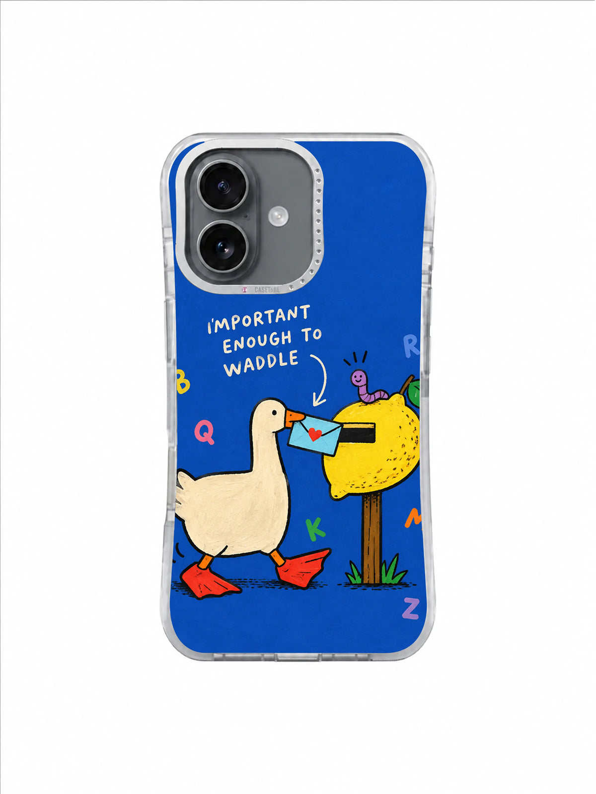 Important Enough to Waddle goose, lemon mailbox and purple worm artwork on iPhone 16 case