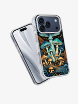 Angled view of Indigo Mushroom Observatory artwork on a clear iPhone case