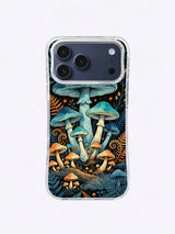 Indigo mushroom iPhone case pattern with turquoise caps, ochre fungi, ferns, stars, and a black night background