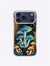 Tall blue mushroom cluster with orange ferns, small ochre fungi, and celestial sparks on deep black