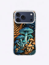 Layered indigo and turquoise mushrooms framed by copper ferns and tiny stars