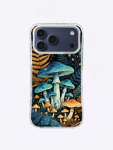Large teal mushroom observatory with pale stems, orange fungi, and dark botanical foliage