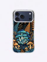 Symmetrical blue mushroom grove with curled ferns, ochre accents, and a small night moth