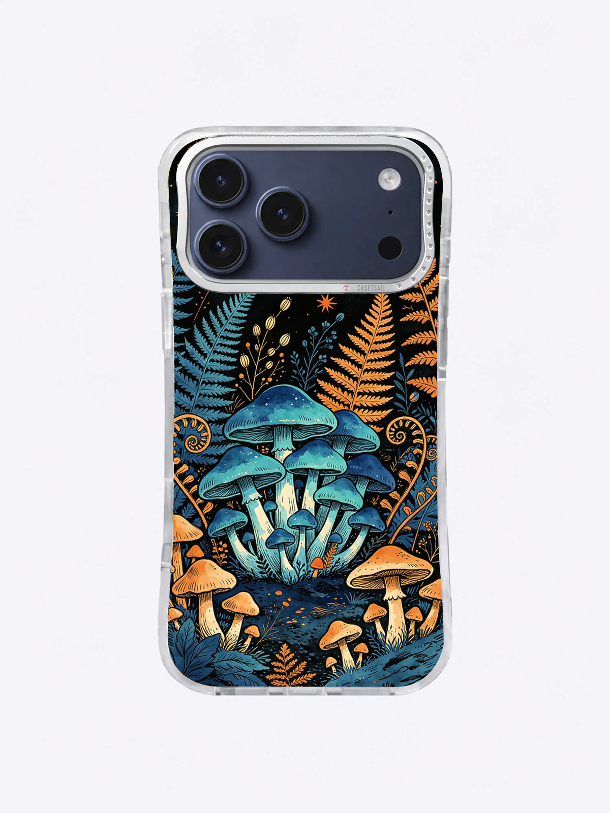 Symmetrical blue mushroom grove with curled ferns, ochre accents, and a small night moth
