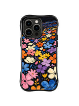 Endless Wildflower Field: Dense pink, orange, blue, purple, yellow and cream wildflowers fill a black field.