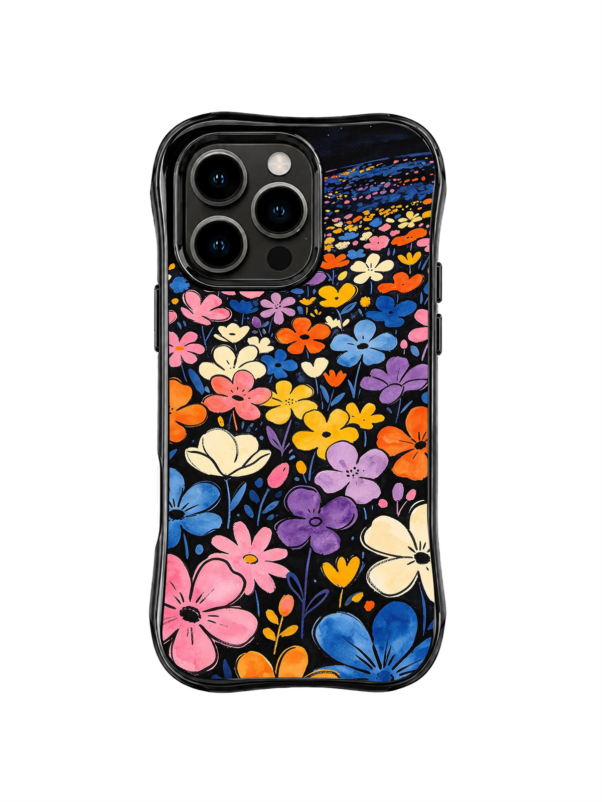 Endless Wildflower Field: Dense pink, orange, blue, purple, yellow and cream wildflowers fill a black field.