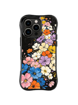 Petal Horizon Cascade: Blue, pink, orange, cream and lavender flowers cascade diagonally across black.
