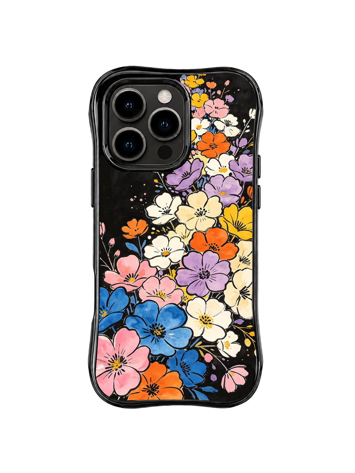 Petal Horizon Cascade: Blue, pink, orange, cream and lavender flowers cascade diagonally across black.