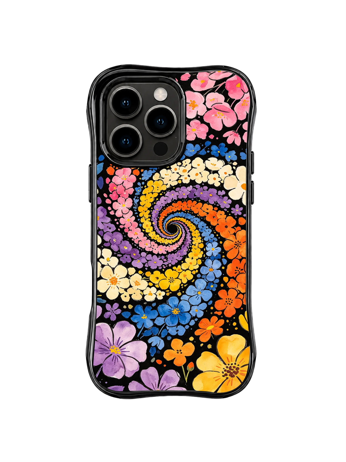 Infinite Floral Spiral: Bands of tiny blue, pink, orange, yellow and lavender flowers curl into a central spiral.