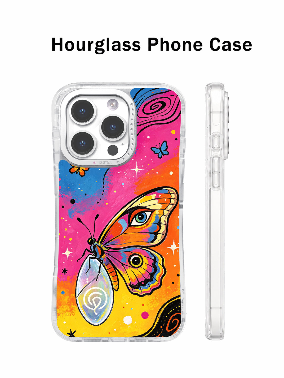 Colorful cosmic butterfly phone case front and side view
