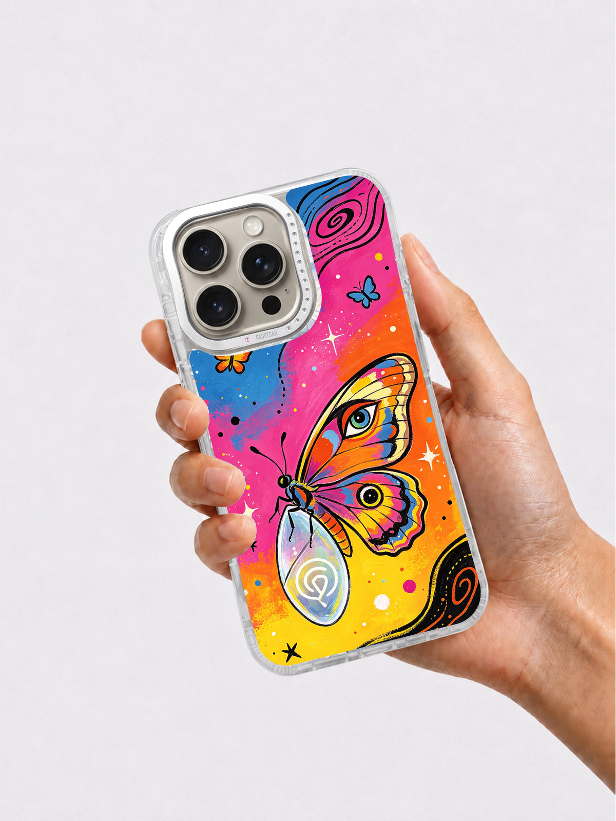 Colorful butterfly art phone case held in hand
