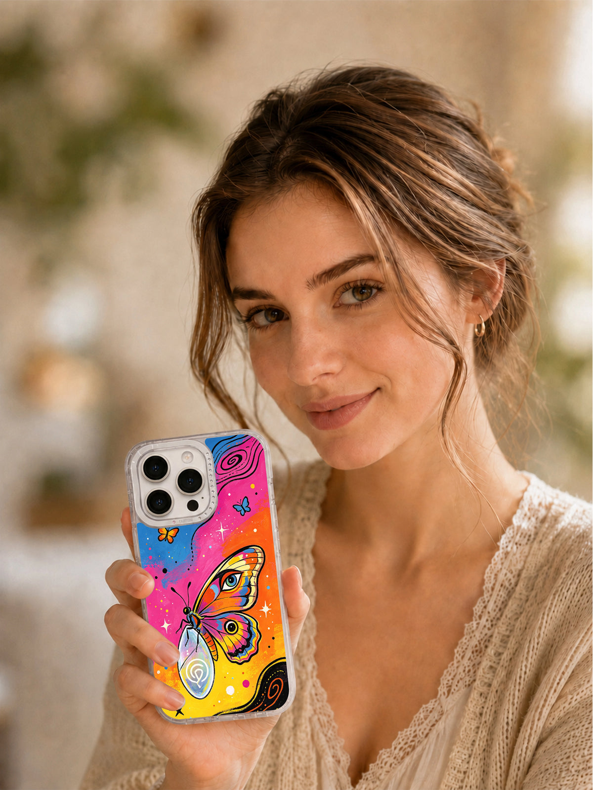 Infinite Butterfly Universe iPhone case lifestyle portrait