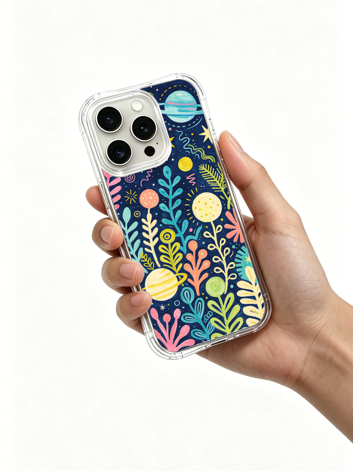 Infinite Color Dreams iPhone 14 Pro Max case in hand
