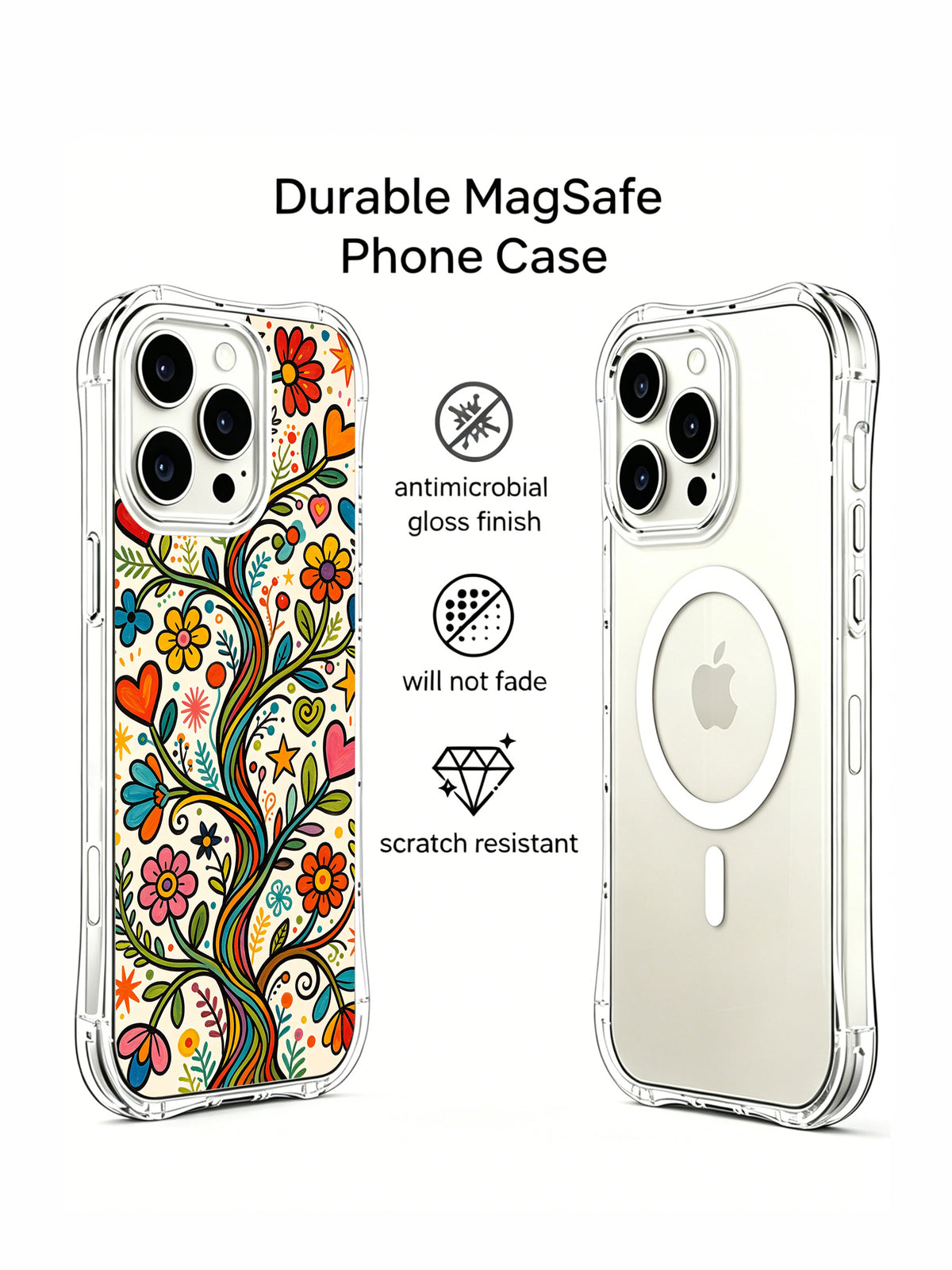 Clear floral iPhone 14 Pro case front and back details