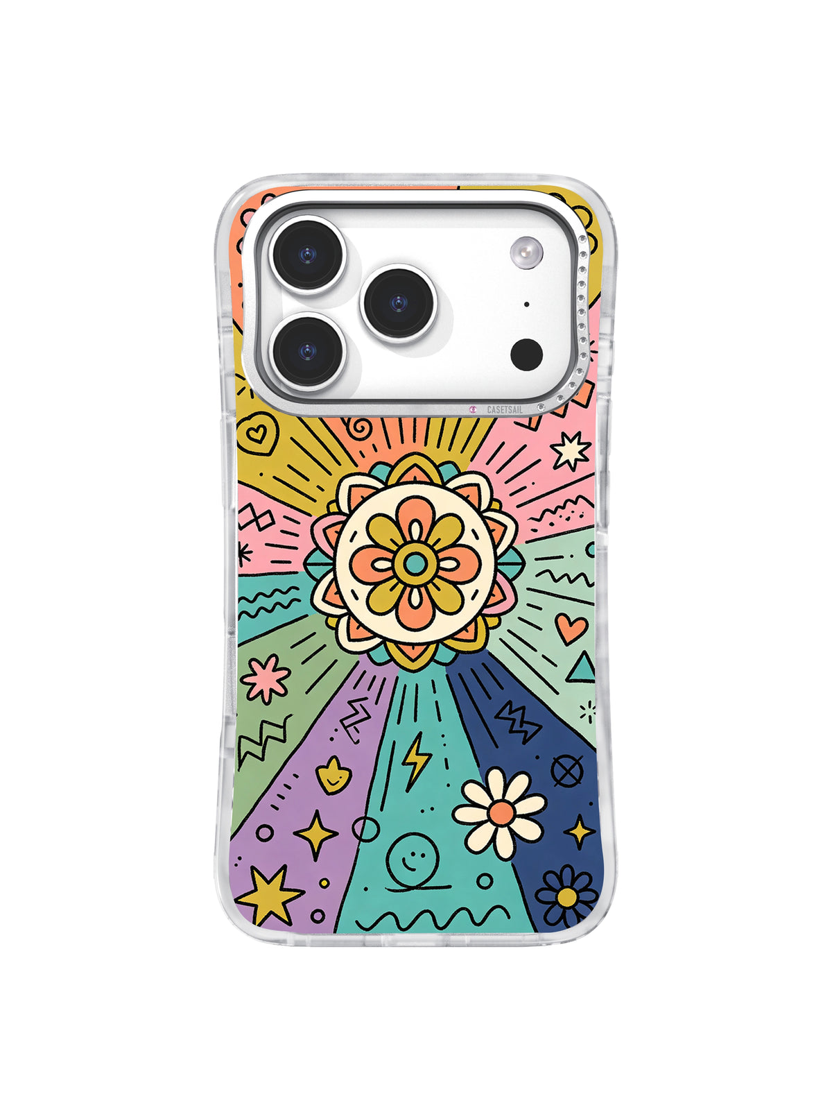 Infinite Joy Totem iPhone 17 Pro case close-up with rhinestone camera frame