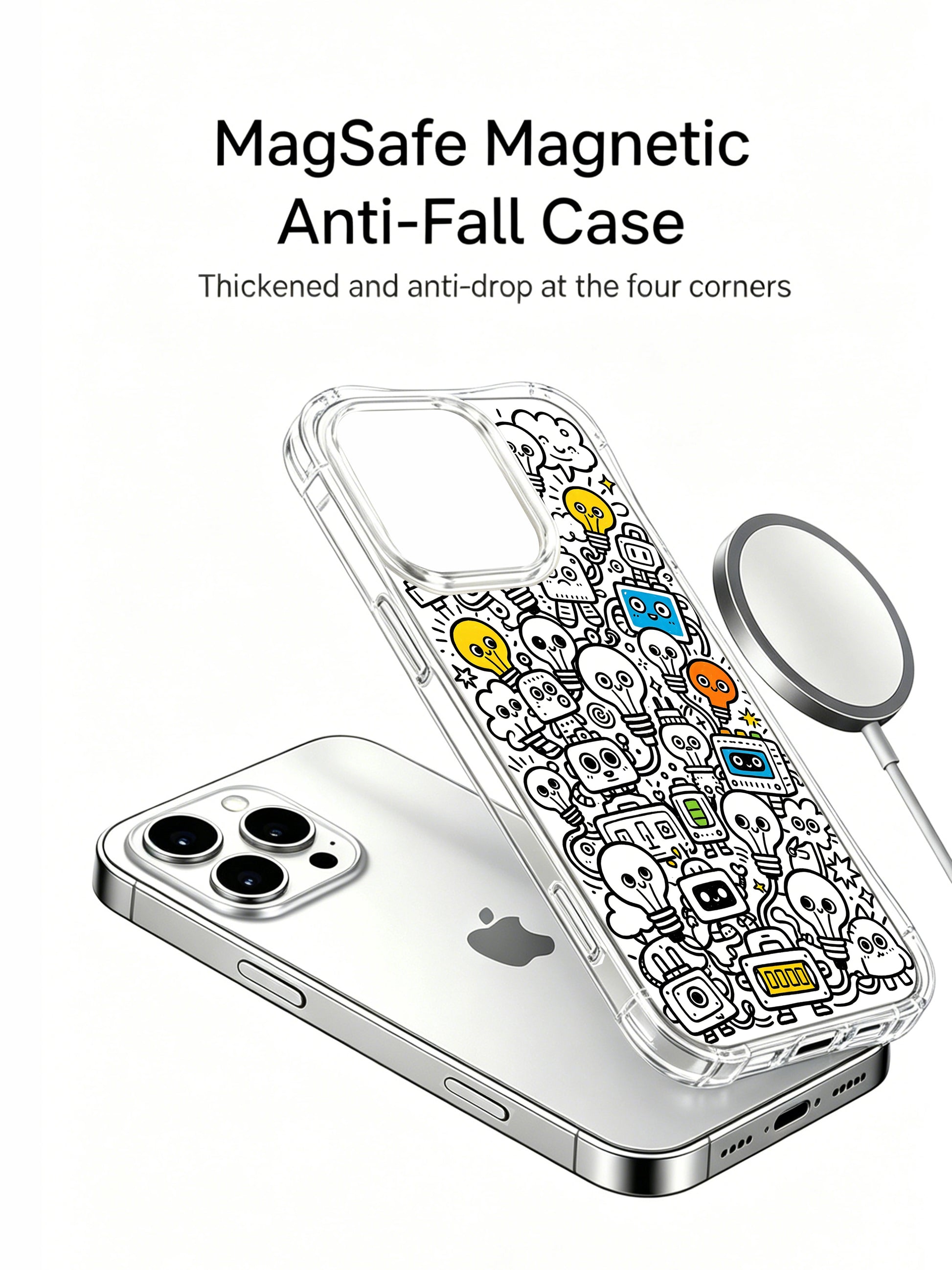 Cute inspired robot & bulb creature cluster artwork iPhone 15 pro Case, limited-edition licensed phone casing exclusively produced by PhoneCasing, trendy wearable art phone cover.