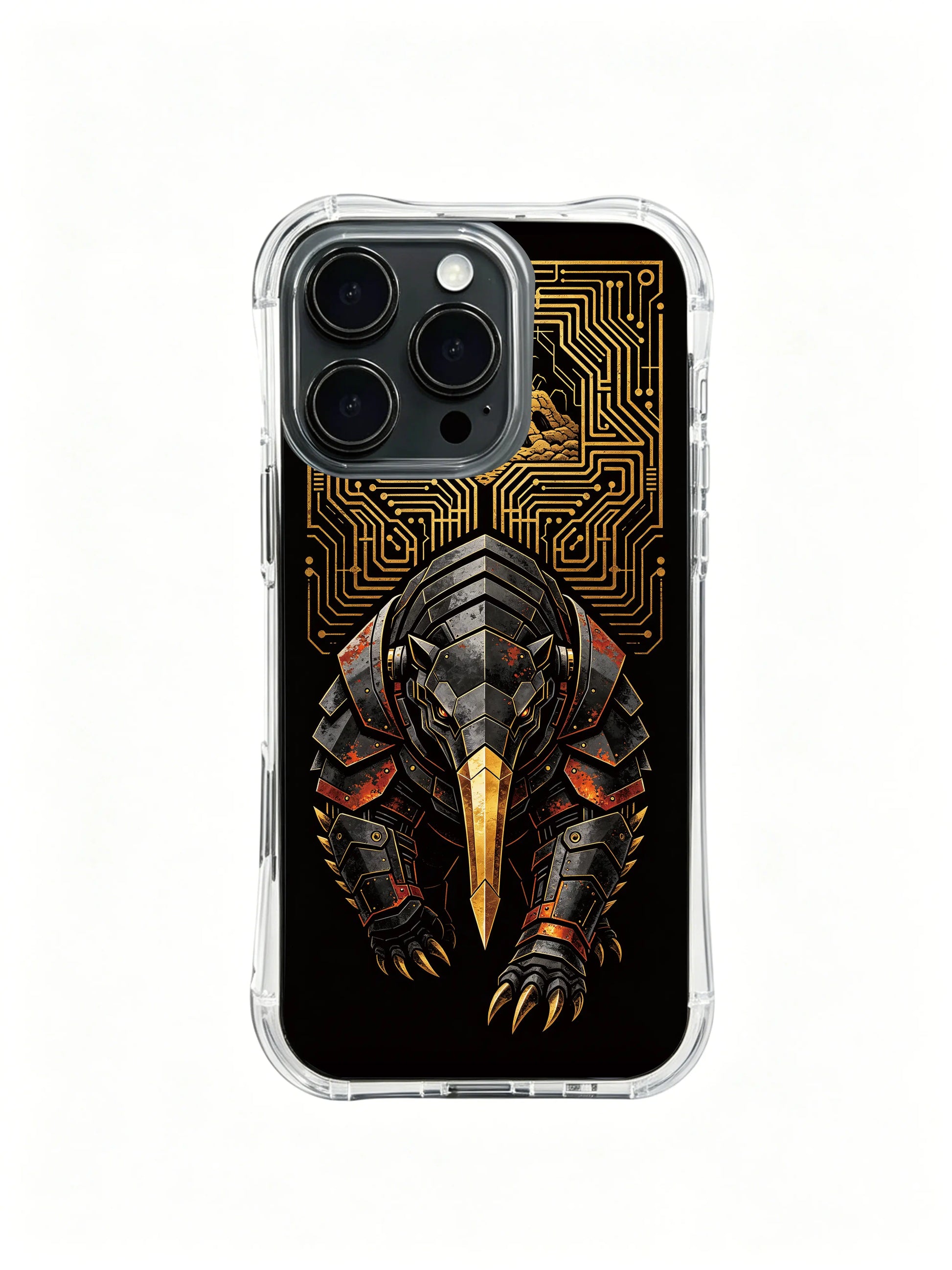 Intricate circuit anteater totem PhoneCasing, precision-fit iPhone 14 Plus Case with premium protection, unique art phone cover.
