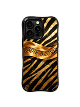 PhoneCasing iPhone 15 pro max case from the Wild Gilded Safari collection, black gold jungle ribbon design, sleek elevated artistic phone cover.