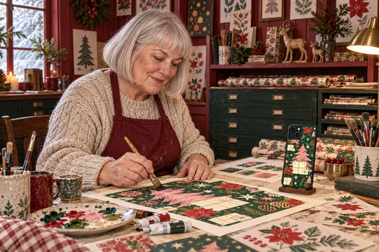 AI visualization of Evelyn Fairchild creating phone-case illustrations, with a finished design displayed in the studio